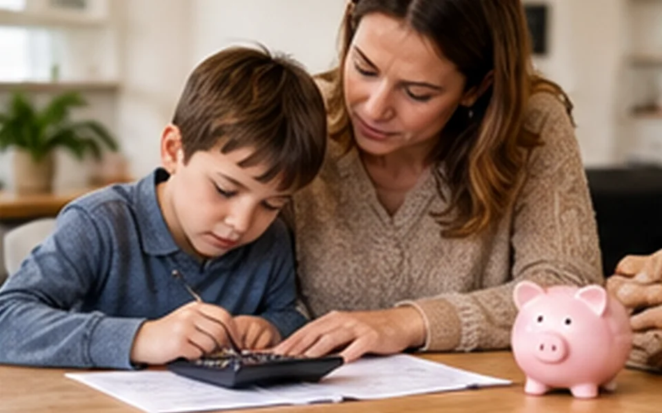Parent et enfant faisant les devoirs à la table de cuisine