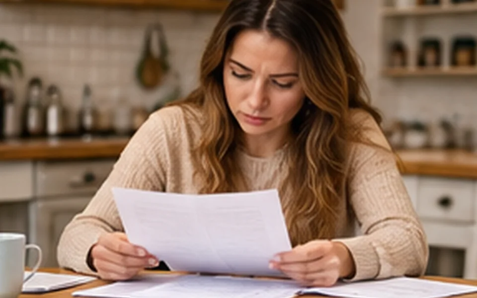 Parent sorting household bills and receipts at a table