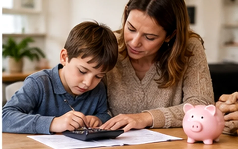 Elternteil mit Kind am Küchentisch beim Planen des Familienbudgets